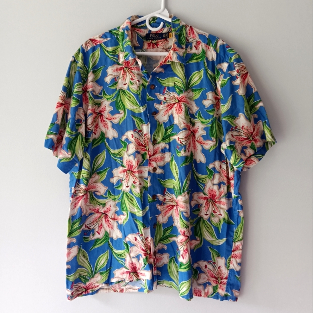 Polo Ralph Lauren Button Up Hawaiian Shirt Floral Blue Pink Green Size 1XB